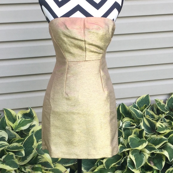 NWT Express Gold Metallic Strapless Sheath Dress - Picture 2 of 8